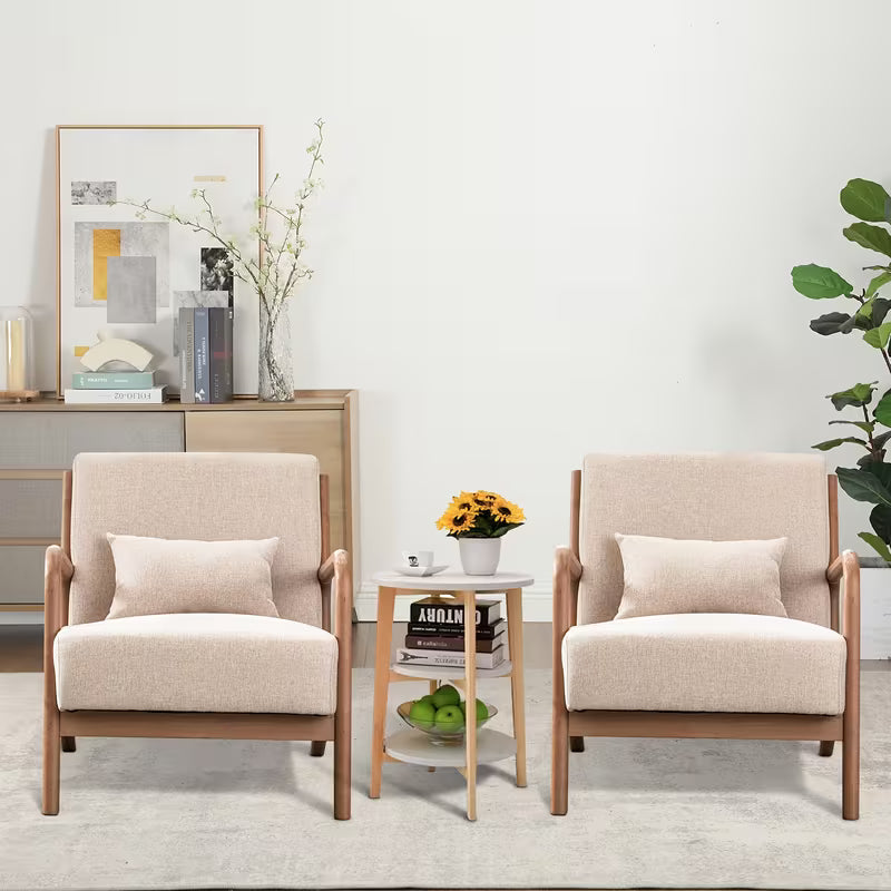 Mid-Century Modern Accent Chair, Linen Fabric Upholstered Living Room Chair with Solid Wood Frame