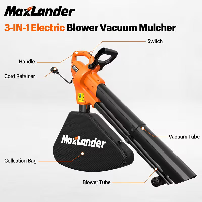 8.98gal 3-In-1 Leaf Blower Vacuum Mulcher, Corded with 9-Gallon Leaf Collection Bag