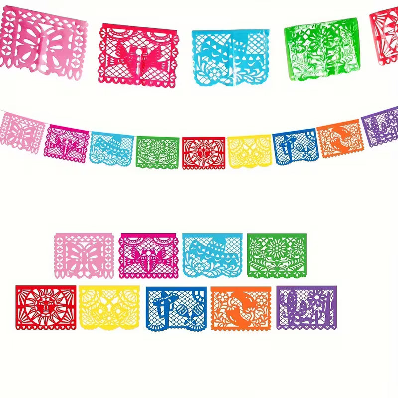 Colorful Papel Picado Banner for Mexican Celebrations, 18 Feet Long, Made of Plastic