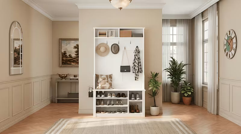 Asofer Hall Tree with Storage Bench, 3-in-1 Entryway Coat Rack & Shoe Bench
