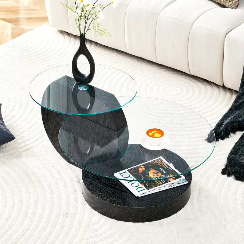 Glass Coffee Table, Modern Coffee Table for Small Space, Oval Center Table with Wood Base