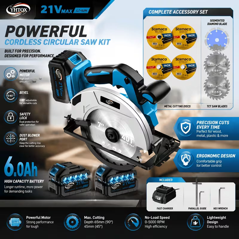 The Brushless Circular Saw Set Comes with a Complete Accessory Design And Is Portable.