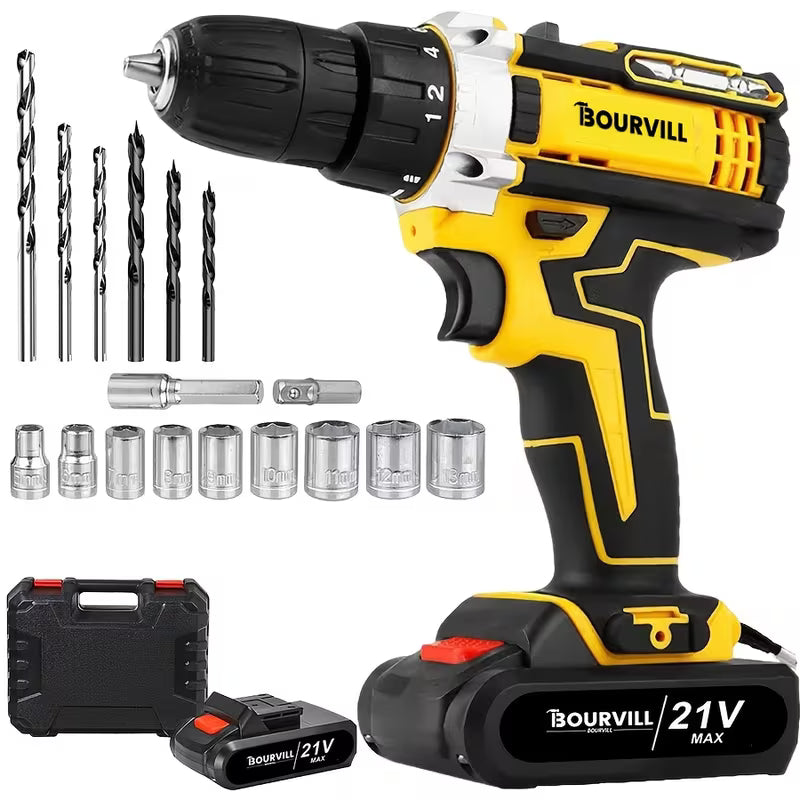 BOURVILL 21V Cordless Impact Drill Set, Wireless Drill Set, Household Power Tool Set