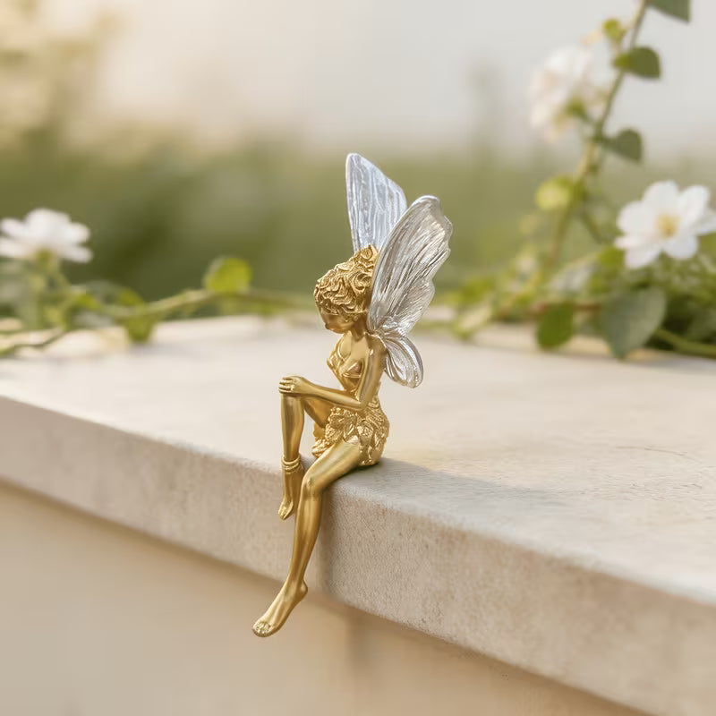 1pc Collectible Figurines Golden Matte Sitting Dangling Legs Flower Fairy Resin Ornament