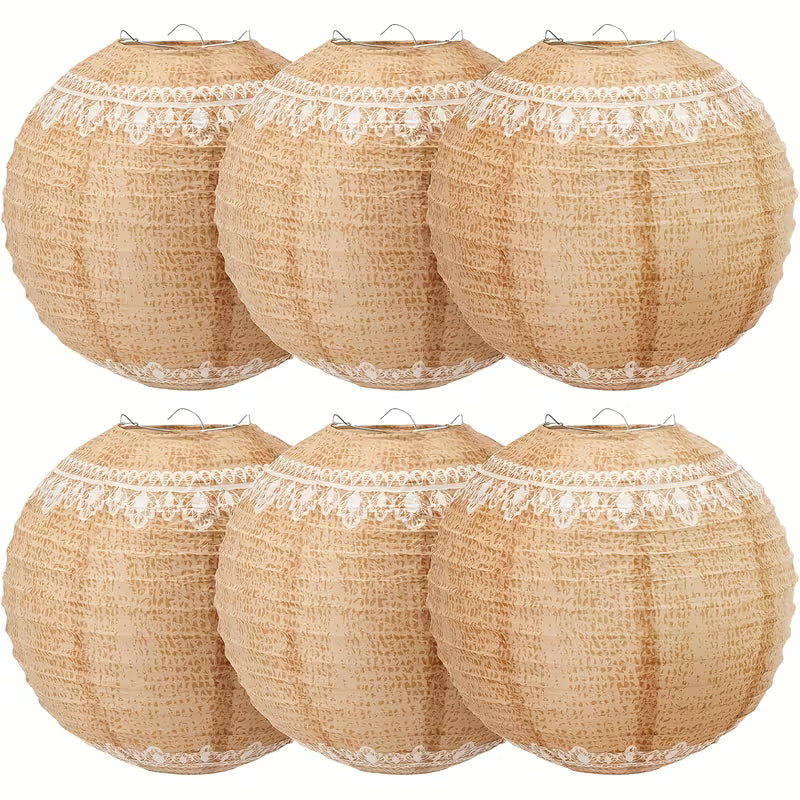 6pcs Lace Print Burlap Paper Lanterns 8In Boho Lanterns Decorative Indoor Paper Decoration Hanging