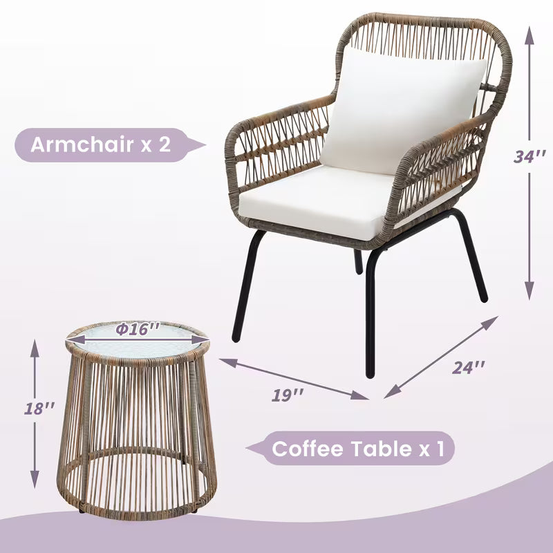 3pcs Patio Rattan Bistro Conversation Set