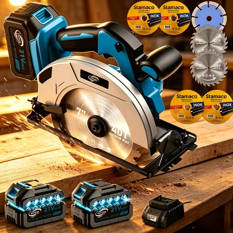 Cordless Circular Saw 7-1/4" 21v Battery, 5000RPM Electric Circular Saw, 7 Blades(24T & 40T)