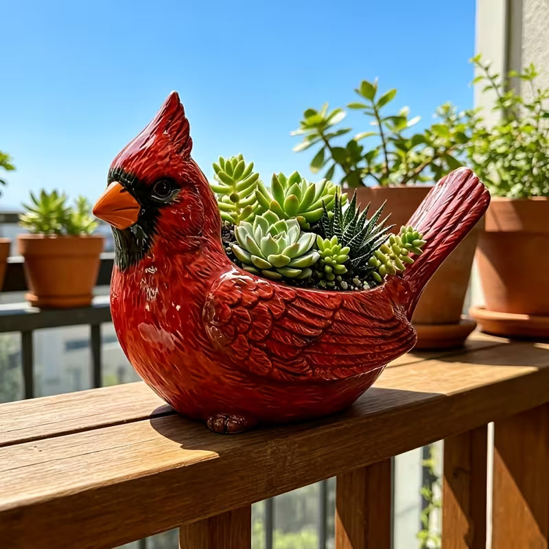 Cardinal Bird Fleshy Potted Plant, Resin Red Bird Flower Pot with Drainage Hole