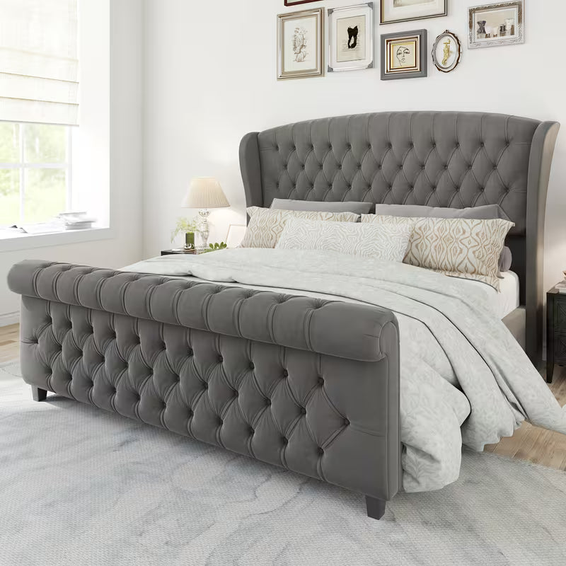 Chenille Upholstered Platform Bed Frame with Scroll Wingback Headboard And Footboard