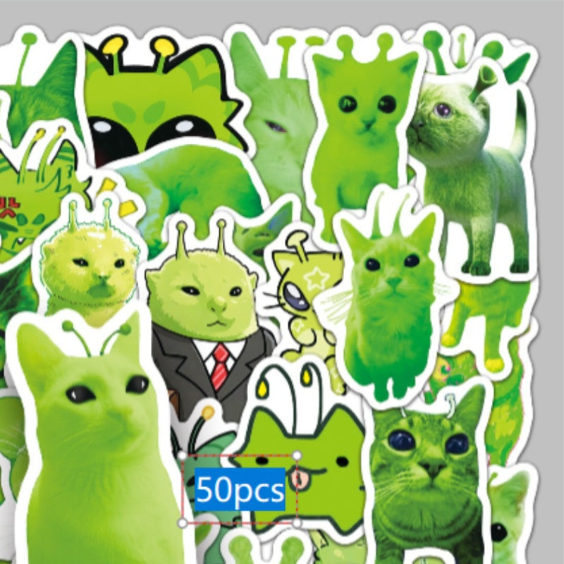 Cartoon Abstract Alien Cat MEME Stickers Green Funny Alien Cat Set, Green