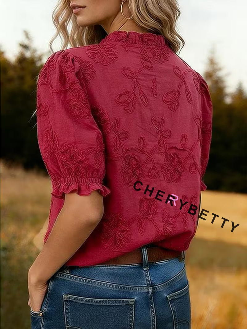 CHERRYBETTY Women'S Tops And Blouses, Solid Flower Embroidered V-Neck Top, Summer Shirts