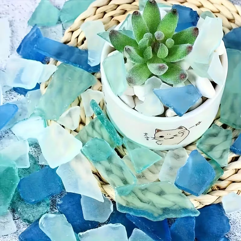 Sea Blue Glass Shards, Handmade Ornaments, Light Frosted Vase with Glass Inlay, Beach Style