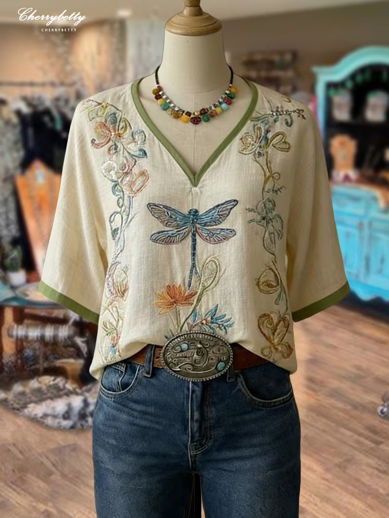 CHERRYBETTY Retro Floral Embroidered V-Neck Short Sleeve Top, Green