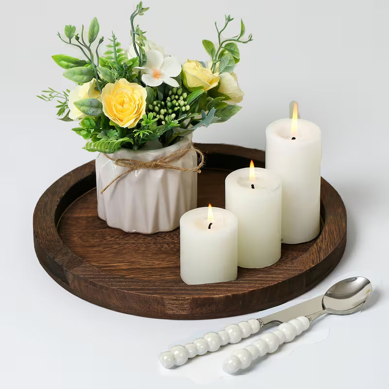 11-Inch Vintage Farmhouse Wooden Serving Tray - Rustic Kitchen Countertop Decor, Candle