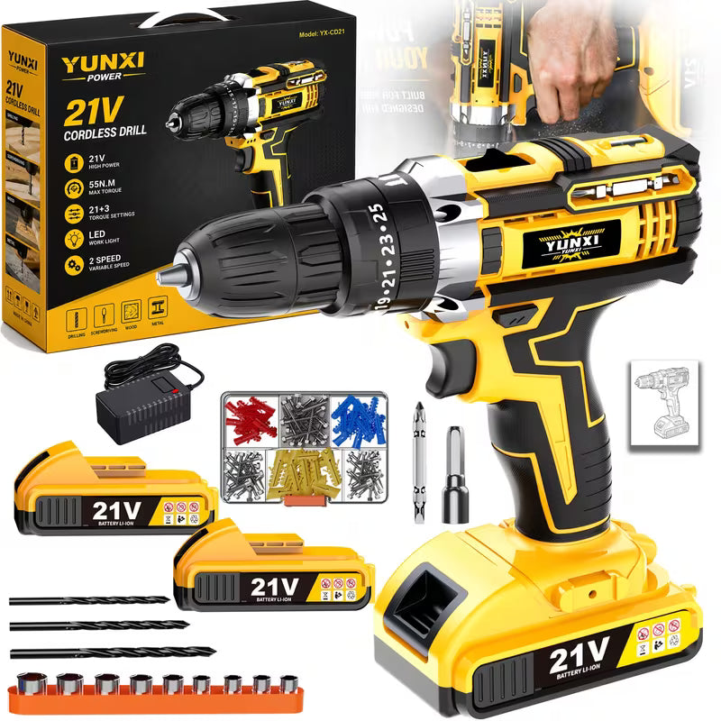 21V Rechargeable Impact Drill, Electric Screwdriver Tool Set, Wood