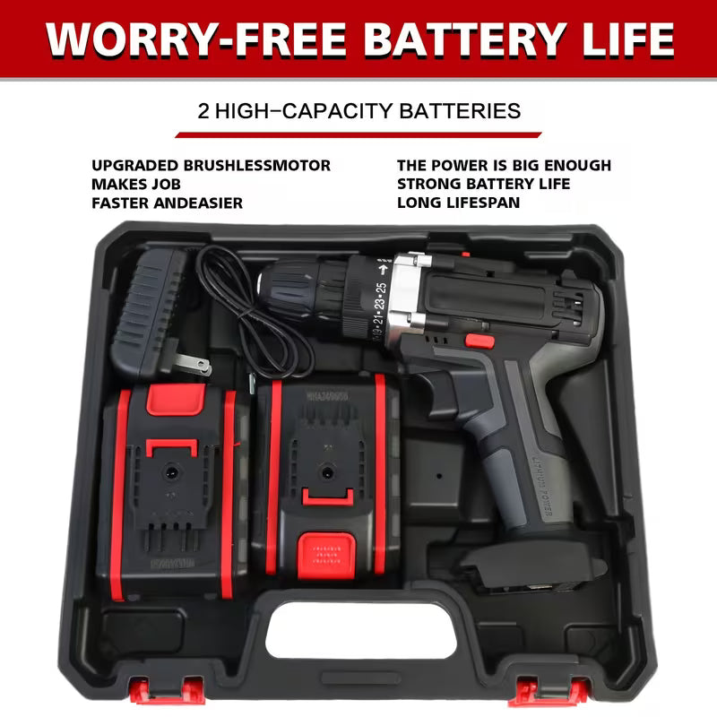 21V Cordless Drill Set, Brushless Electric Impact Gun Drill, with 2 Batteries, Toolbox, Charger