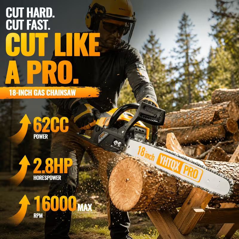 62cc Professional Gas Powered Chainsaw, 2-Stroke Gasoline Chain Saw with 3 Extra Chains