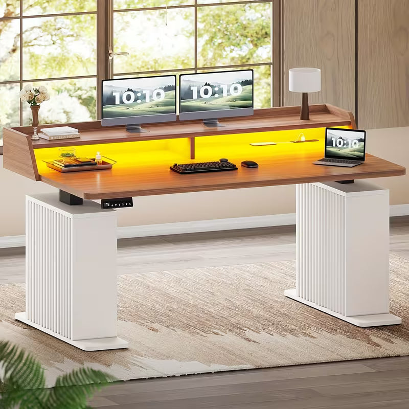 Farmhouse Standing Desk with Storage--55" Height Adjustable Home Office Desk with Power Outlets &