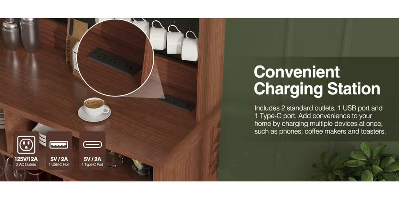 Modern Walnut Fluted Buffet Cabinet with Wine Rack, Cup Holder & Built-in Outlet