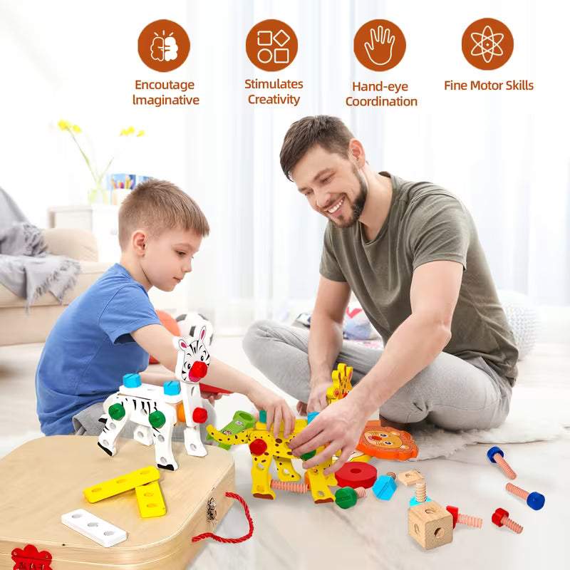 Kids' Wooden Animal Pattern Toolbox Toys with Hand Rope