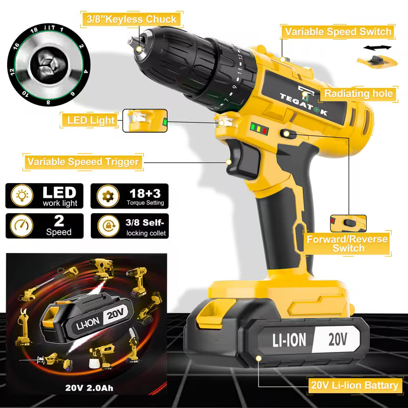 TEGATOK Cordless Power Tool Set, a Combination of a Cordless Drill with 35 Nm Torque