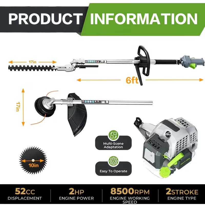 52CC Gasoline Brush Cutter, 2-Stroke 3-in-1 Weed Eater