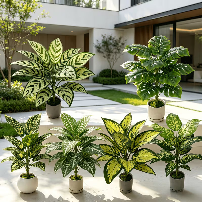 6pcs Set, Includes Various Artificial Leaf Plants - Monstera, Syngonium, Phyllostachys, Money Tree