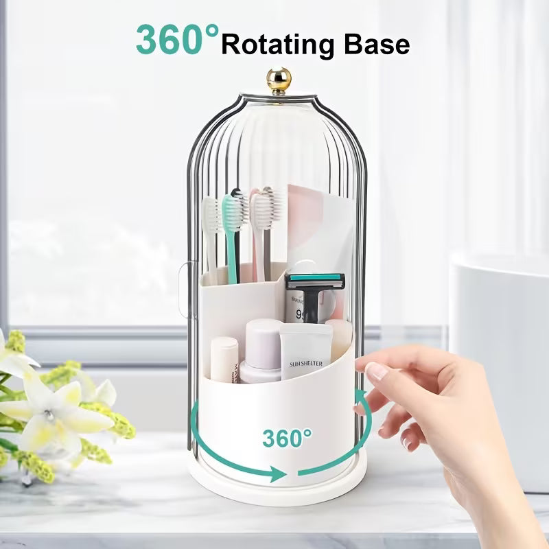 Rotating Three-Slot Toothbrush Holder with Sliding Cover, Bathroom Countertop Storage Rack