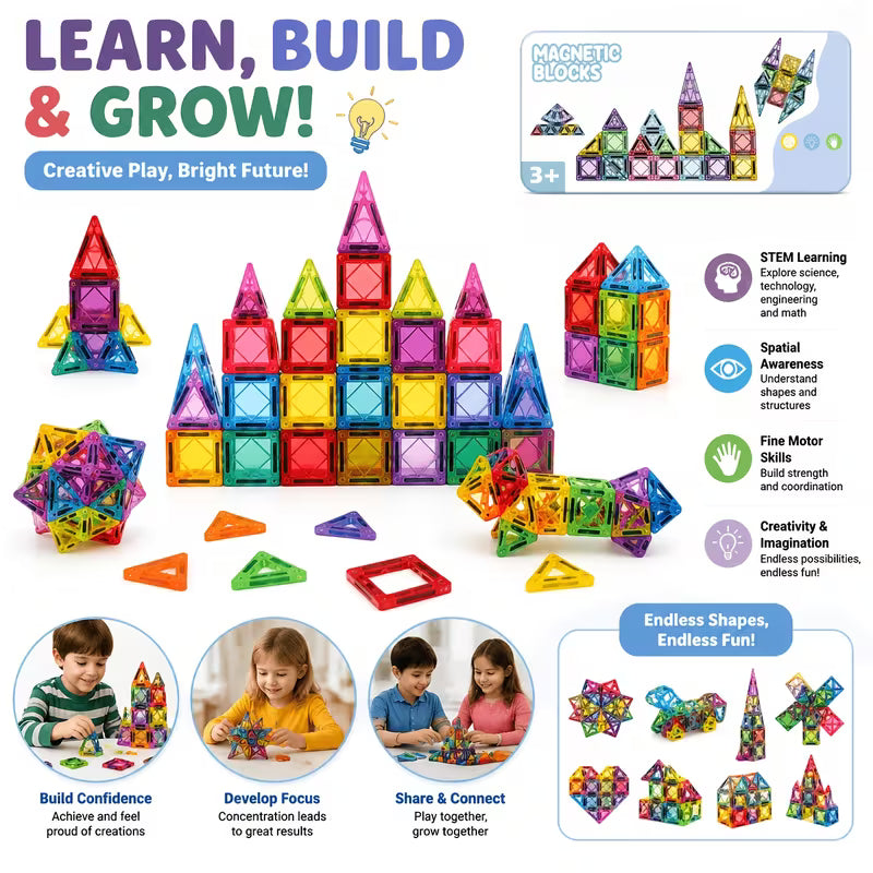 24-Piece Magnetic Building Blocks with Clear Magnets & Colorful Tiles