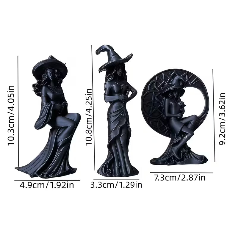 3pcs Set of Black Witch Statues, Gothic Moon Witch Statues, Witch Worship Pentagram Decorations