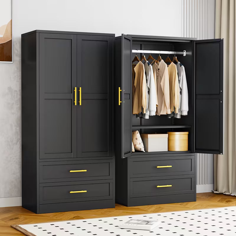 Mxa 71.39 "H metal storage cabinet with armrests, 2 drawers, adjustable shelves, clothesline