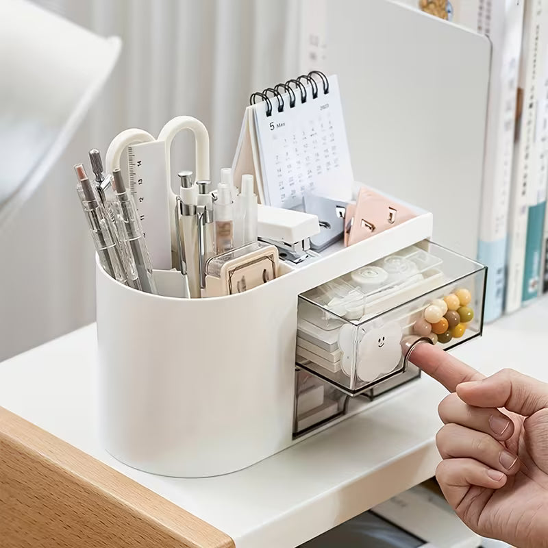 1pc Mini 2-Drawer Desktop Organizer with Pen Holder - Compact Space-Saving Design, Durable
