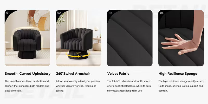 Rotating Decorative Chair, 360° Swivel Barrel Chair, Mid-century, Velvet, Black