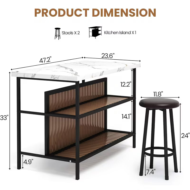 3pcs Kitchen Island Set with 2 Bar Stools