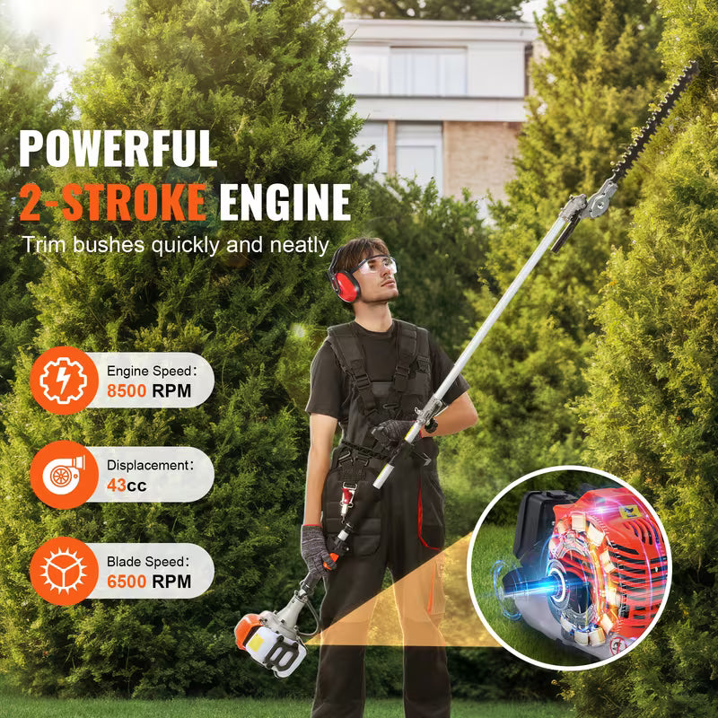 VEVOR 43CC 6-in-1 Multi-Functional Trimming Tools, Gas Hedge Trimmer, Weed Eater, String Trimmer