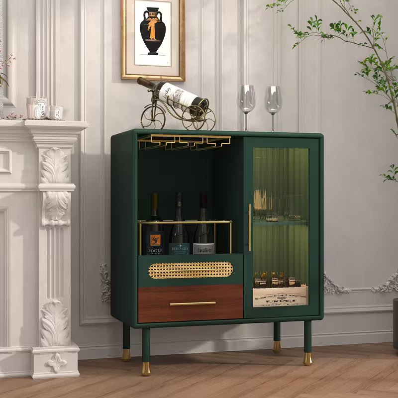 Modern Coffee Bar Cabinet With Wine Glass Rack And Drawers