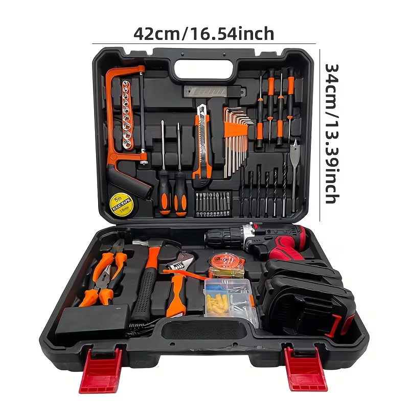 128pcs Red Electric Drill Kit - Compact Storage Box, Equipped with Two Batteries And One Charger