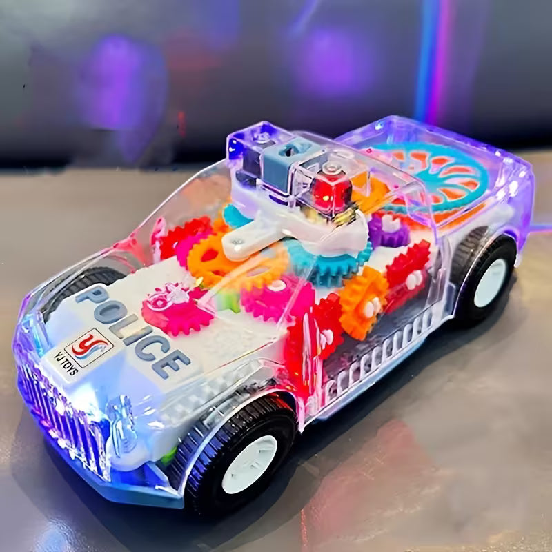 Kids Electric Transparent Gear Police Car Toy Lights Music Powered