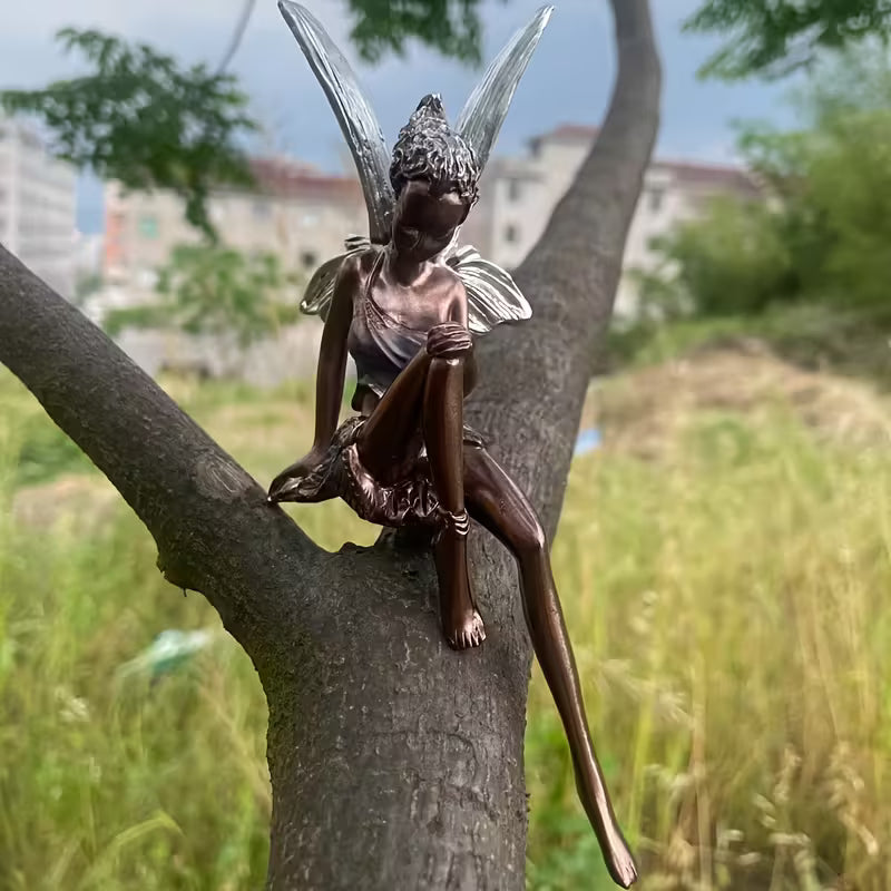 1pc of Bronze Tone Curled Sitting Fairy Decoration Ornament with Transparent Silver Wings + Curly