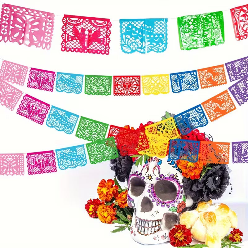 Colorful Papel Picado Banner for Mexican Celebrations, 18 Feet Long, Made of Plastic