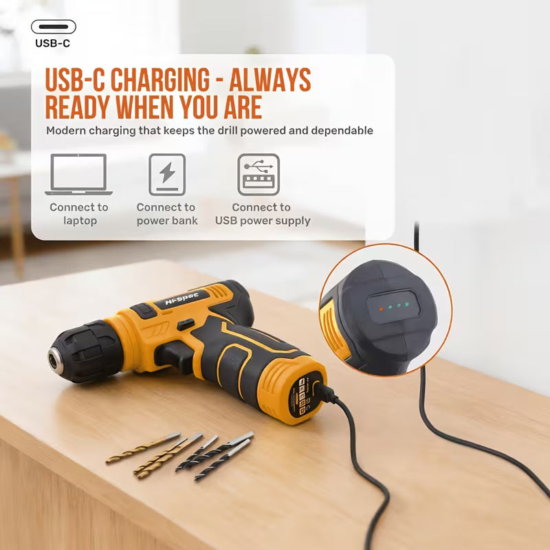 Hi-Spec 8V USB Rechargeable Yellow Electric Drill Set