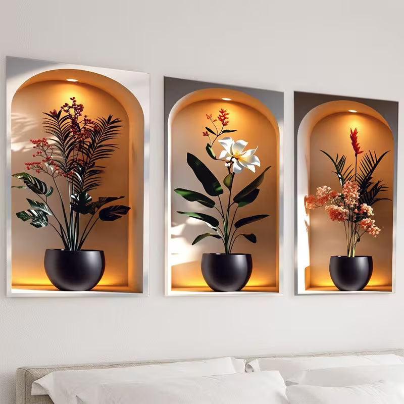 Green 1 Set of 3pcs 2D Flat Simulation Plant Simple Home Decoration Modern Elegant Wall Stickers