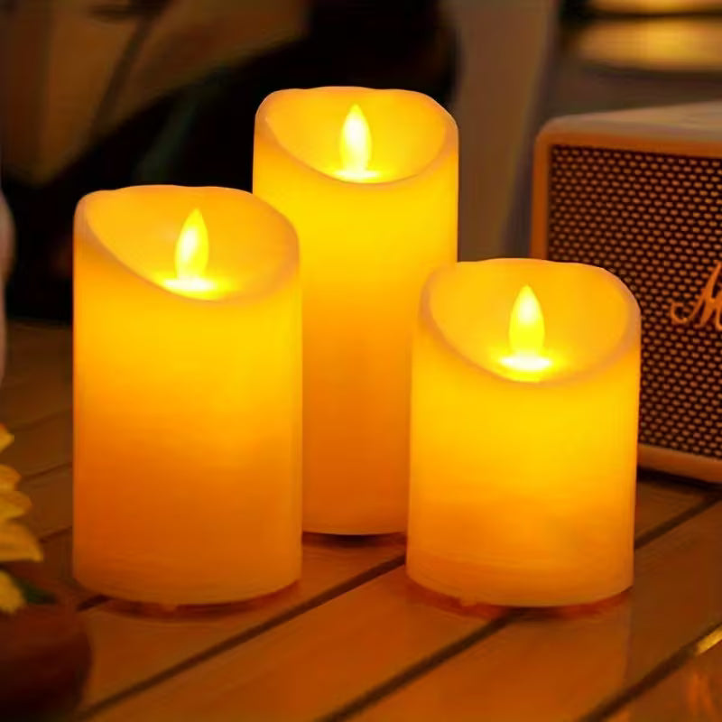 3 Large Flameless LED Pillar Candles, Moving Flame Effect - Battery Operated, Dripless Ivory