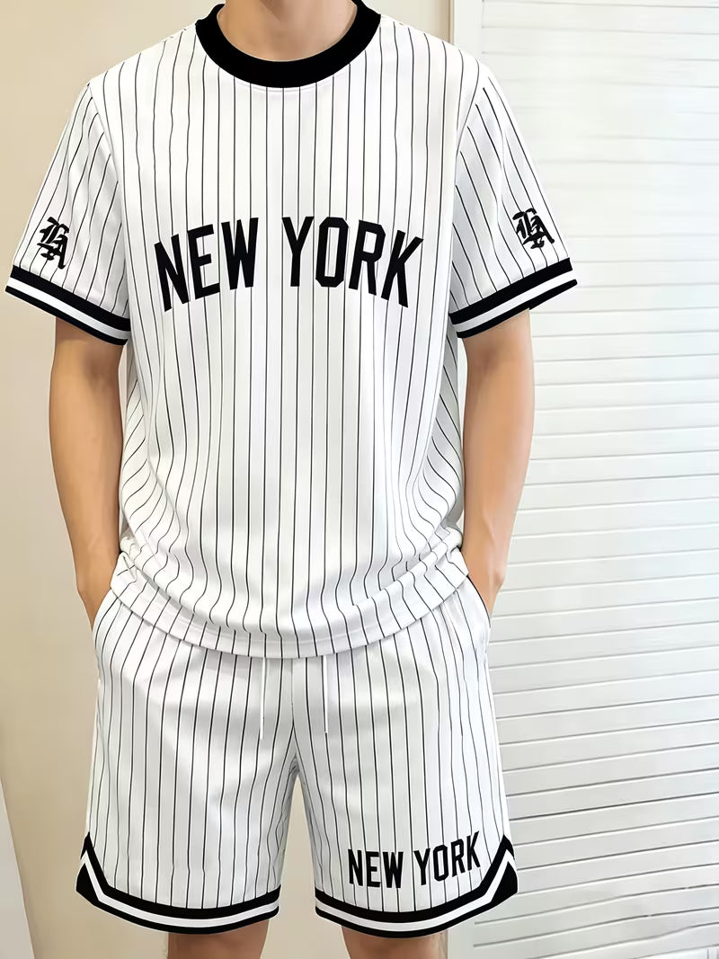 Men's 2pcs Set: 3D Digital Print Short Sleeve T-Shirt And Shorts Outfit, Classic Black