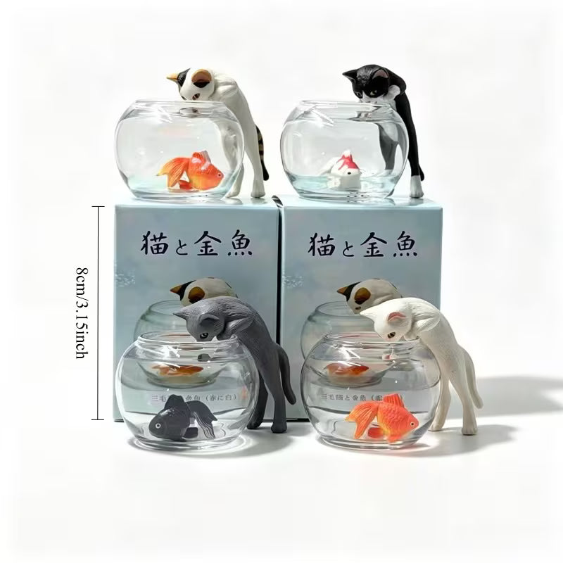 Style Cute Cat Catching Fish in Aquarium Set