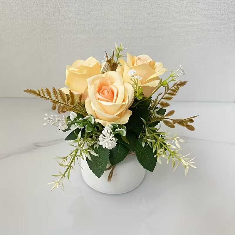 Artificial Rose Potted Plant, Faux Rose Bonsai, Plastic, Plastic