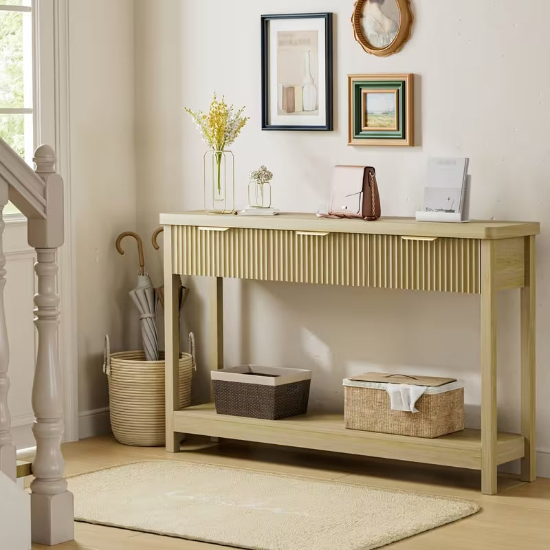 51 IN Fluted Console Table with 3 Drawers, Modern Entryway Table with Metal Handles
