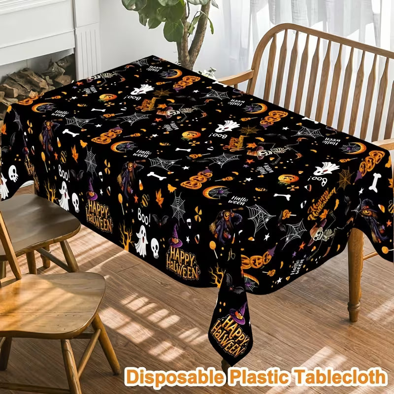 Happy Halloween Tablecloth, Pumpkin Ghost And Skeleton Designs Set, Plastic