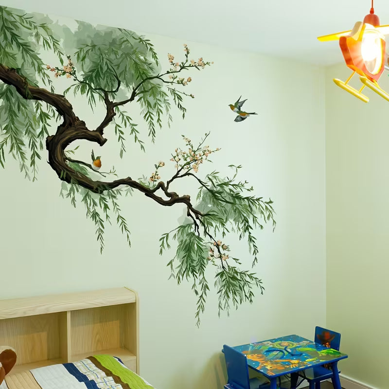 1pc Elegant Weeping Willow Wall Sticker - Minimalist Chinese Style Branch and Bird Theme