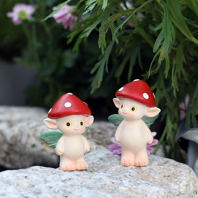 2pcs Off-White Mushroom Fairy Resin Statues